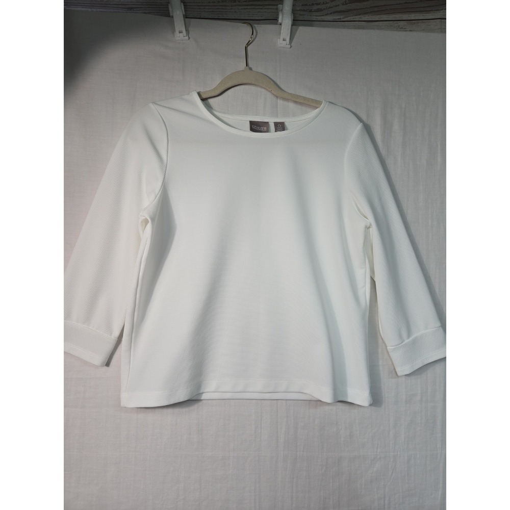 Chico's Top Women's 0 (S) White Ribbed 3/4 Sleeve Shirt Blouse Poly Stretch
